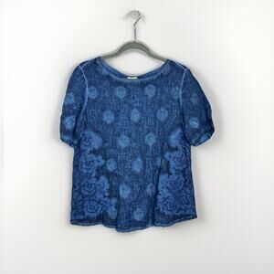 Chico’s Natural Line 100% Linen Navy Lace Trim Short Sleeve Blouse Size 1P/8P